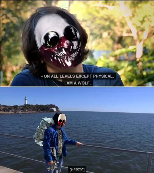 Canonical wolf mask On All Levels meme template.