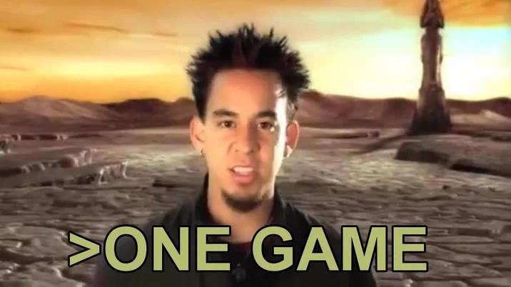 Iconic desert man One Game reaction meme.