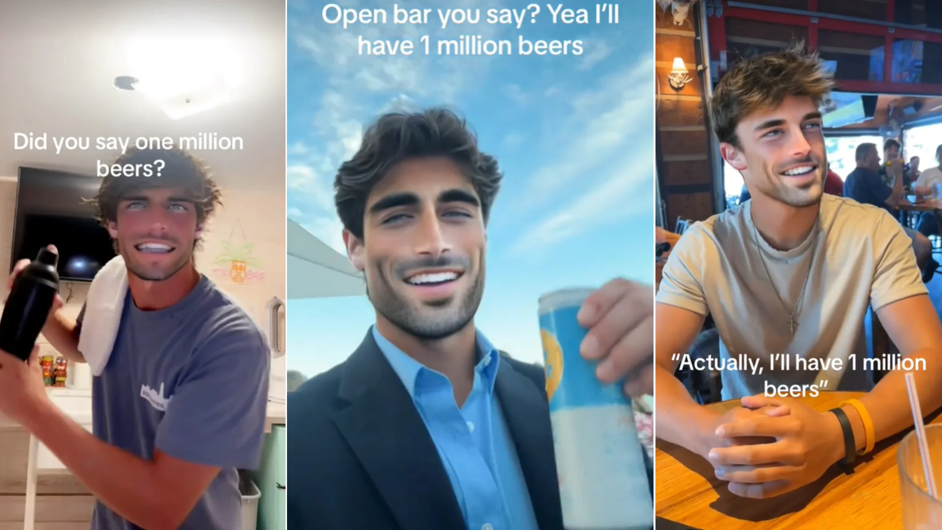 Cover collage for the 'One Million Beers' meme, compiling the viral TikTok screenshots where a smiling young man repeatedly orders one million beers at various bars.