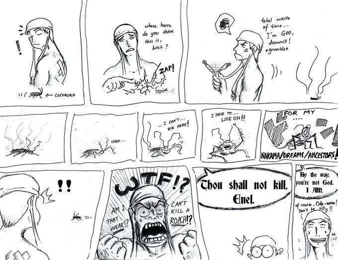Fan comic riffing on One Piece's Skypiea arc, mocking the god-like villain Enel with a stubborn cockroach.