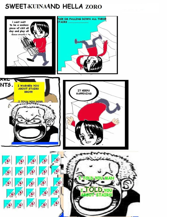 The 'Sweet Kuina and Hella Zoro' fan meme, joking about Kuina's canonical off-panel death by falling down the stairs.