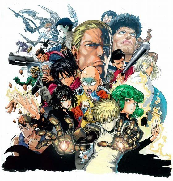 Yusuke Murata's ensemble illustration bringing together the heroes of the One-Punch Man cast.