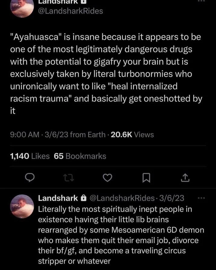 The original 2023 tweet by @LandsharkRides widely credited with coining the 'Mesoamerican 6D demon' phrasing.