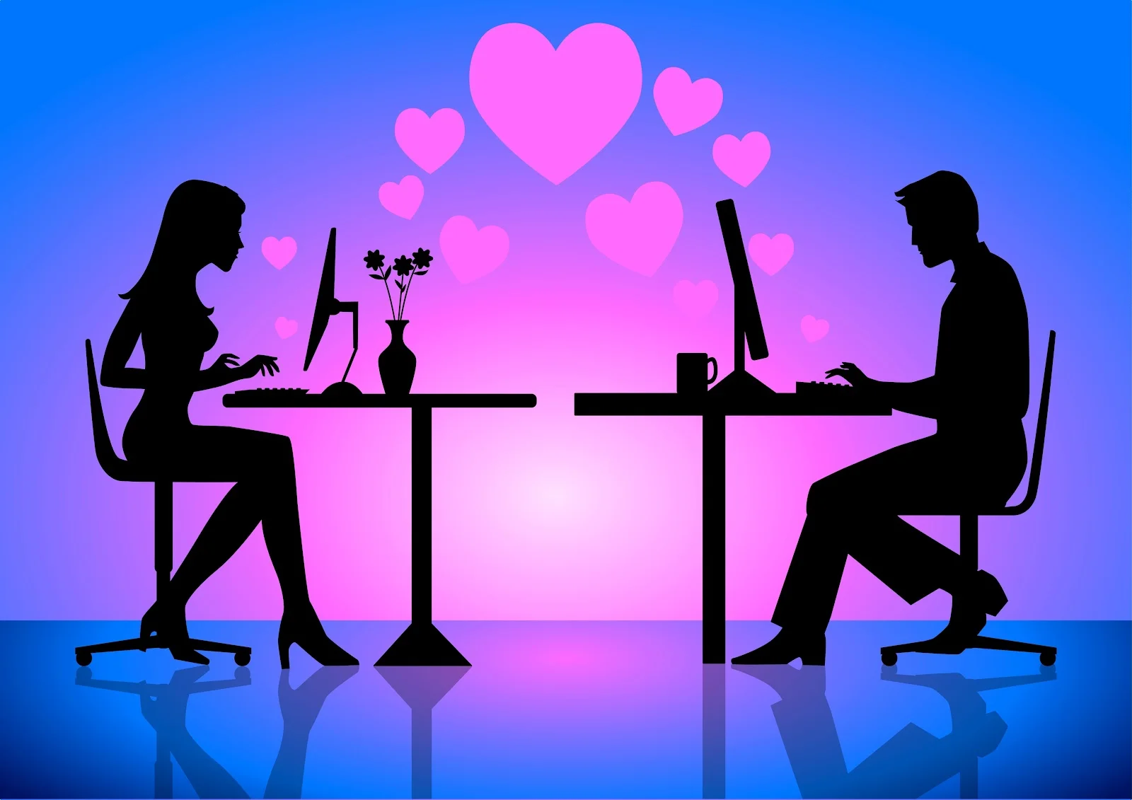 A stock illustration commonly used to represent the concept of online dating, depicting two people connecting through their computers.