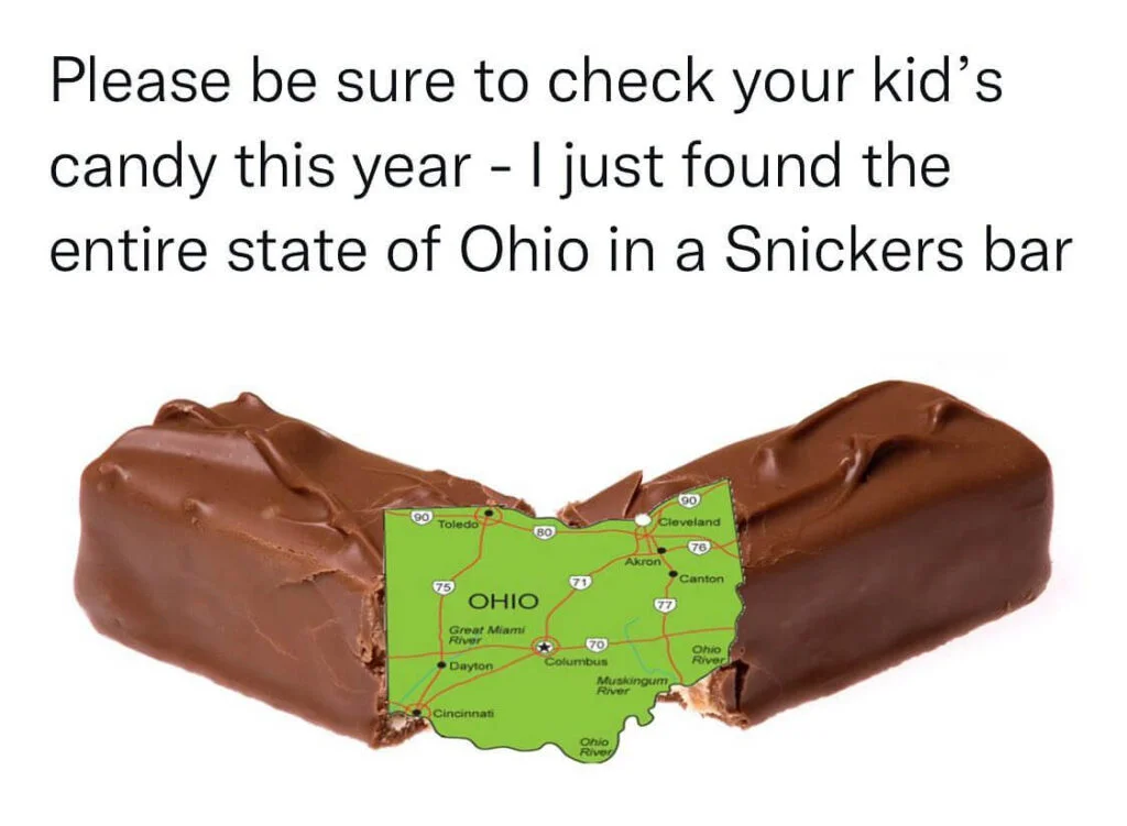 Ohio map inside Snickers bar meme.