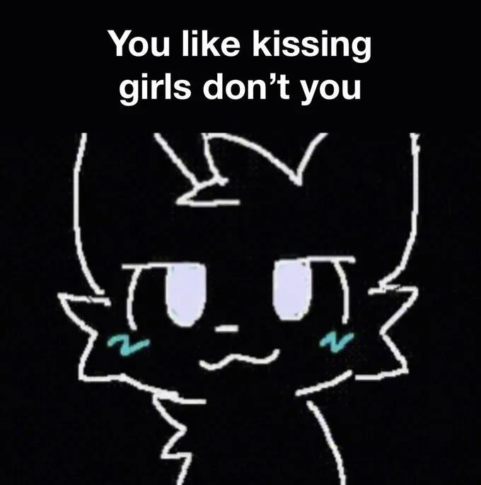 An inverted, dark-mode Girlkisser variant featuring white line-art and teal cheek marks on a black background.