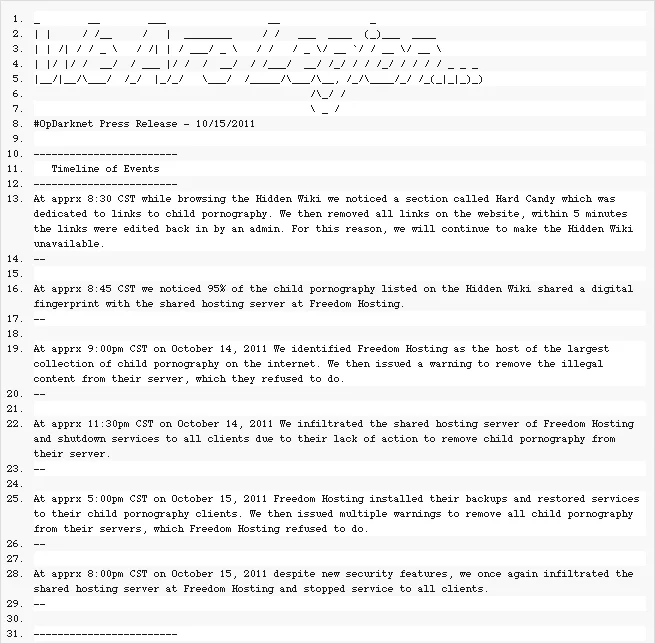 The #OpDarknet press release from October 15, 2011, laying out the timeline of Anonymous's takedown of Freedom Hosting.