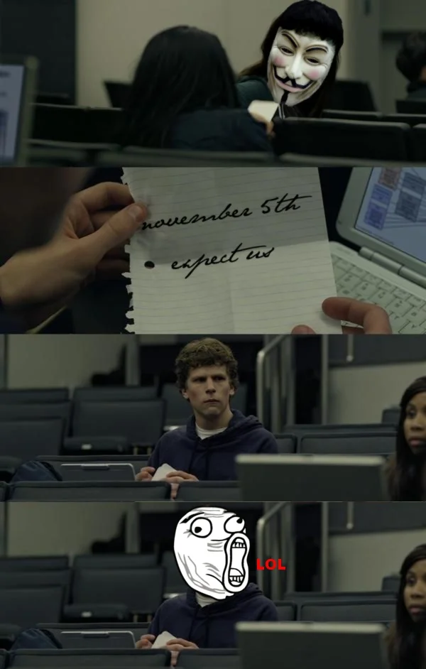 A meme casting Mark Zuckerberg receiving the Anonymous 'November 5th, expect us' warning, capped with a LOL rage face.