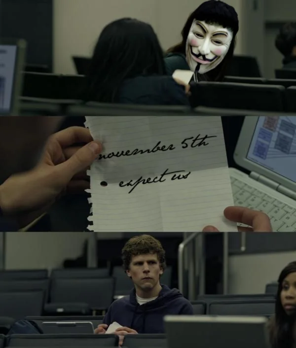 A meme showing Mark Zuckerberg receiving Anonymous's warning to expect an attack on November 5th as part of Operation Facebook.