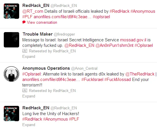 Tweets from RedHack and allied Anonymous accounts publicizing leaked Israeli data during the #OpIsrael campaign.