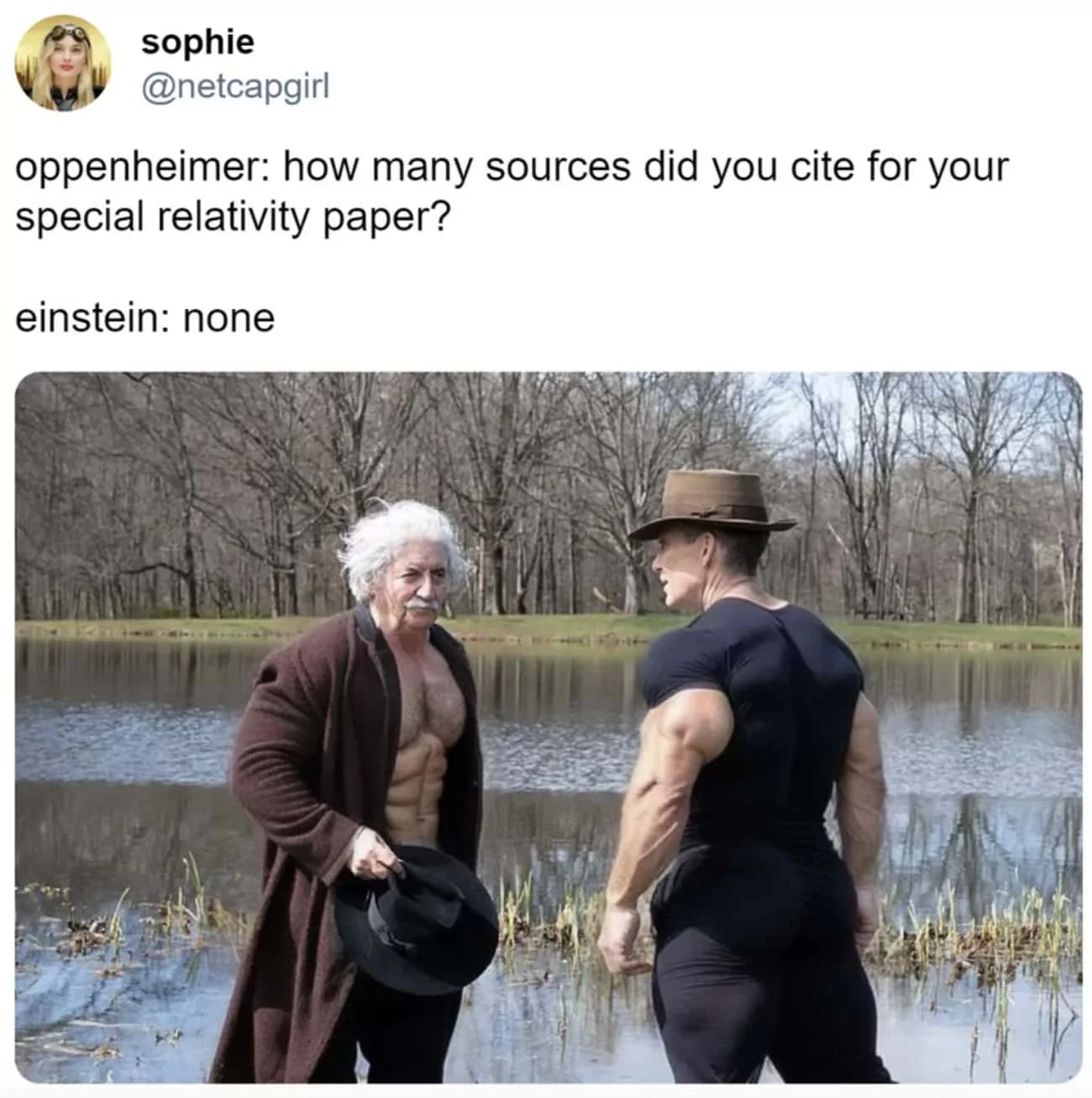 Oppenheimer vs Einstein citation meme.