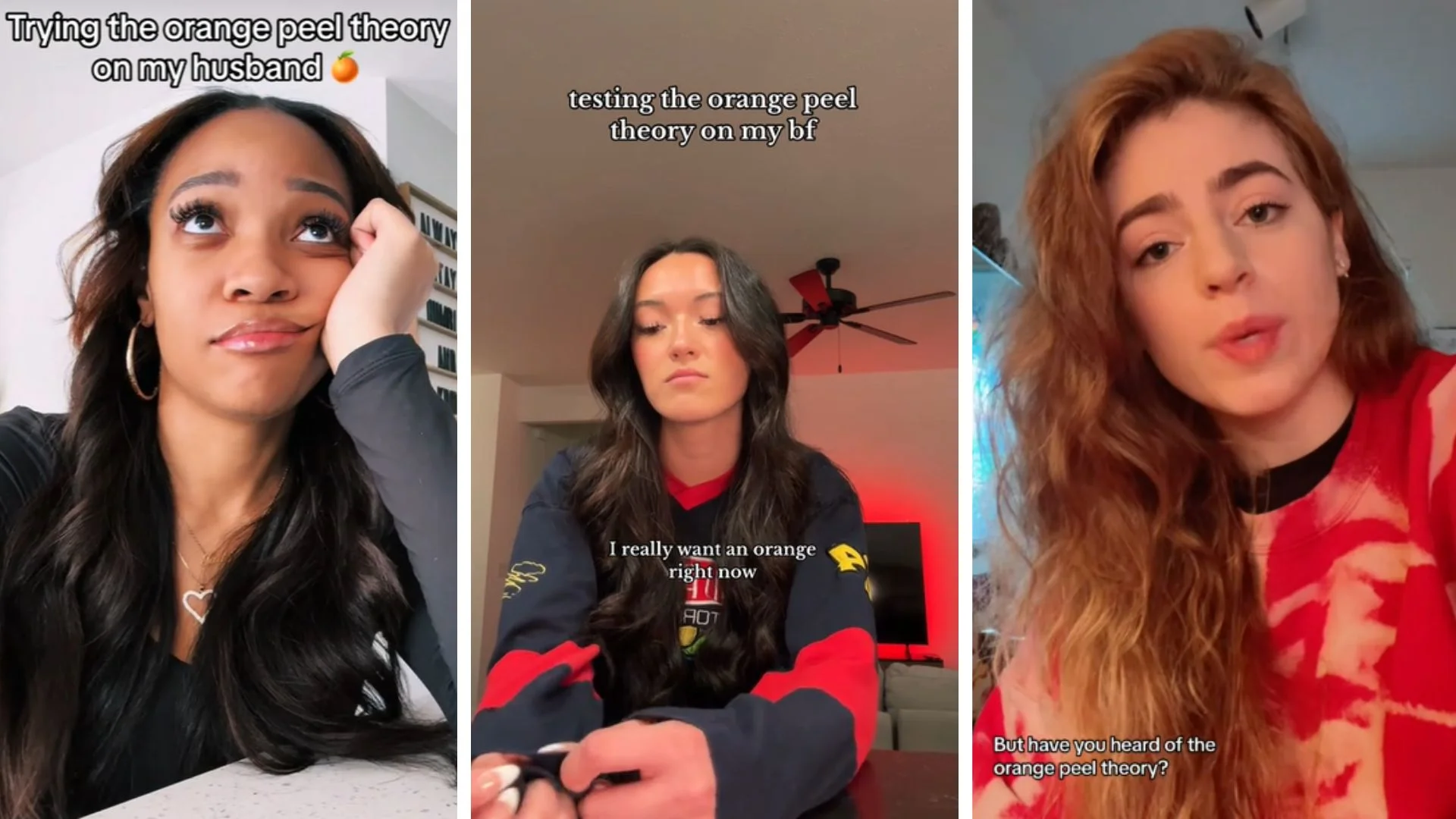 A compilation of viral TikTok videos where women test the 'orange peel theory' by asking their partners to peel an orange, gauging their willingness to perform small acts of service.