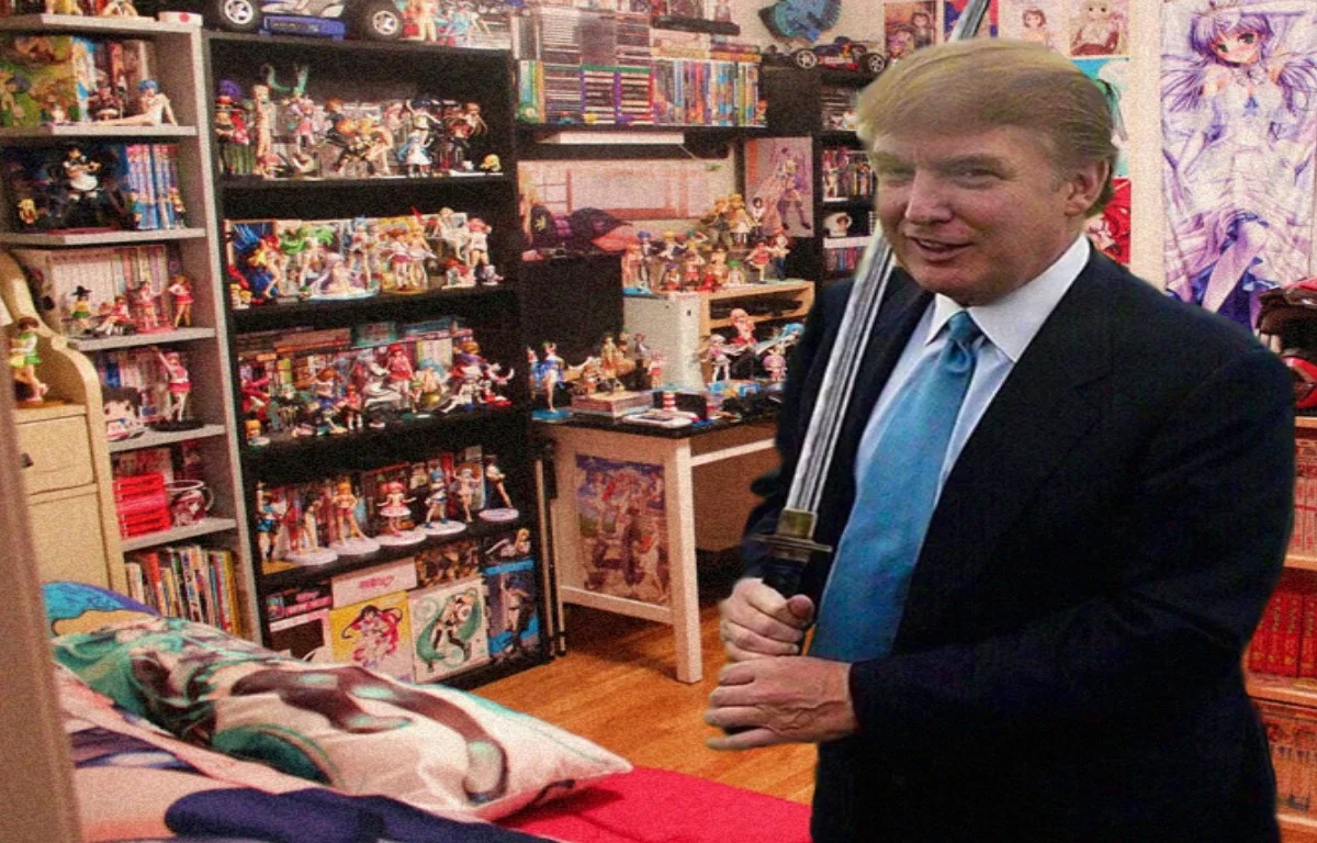A popular edit depicting Donald Trump in a stereotypical otaku bedroom, packed with anime figurines, manga shelves, and waifu posters.