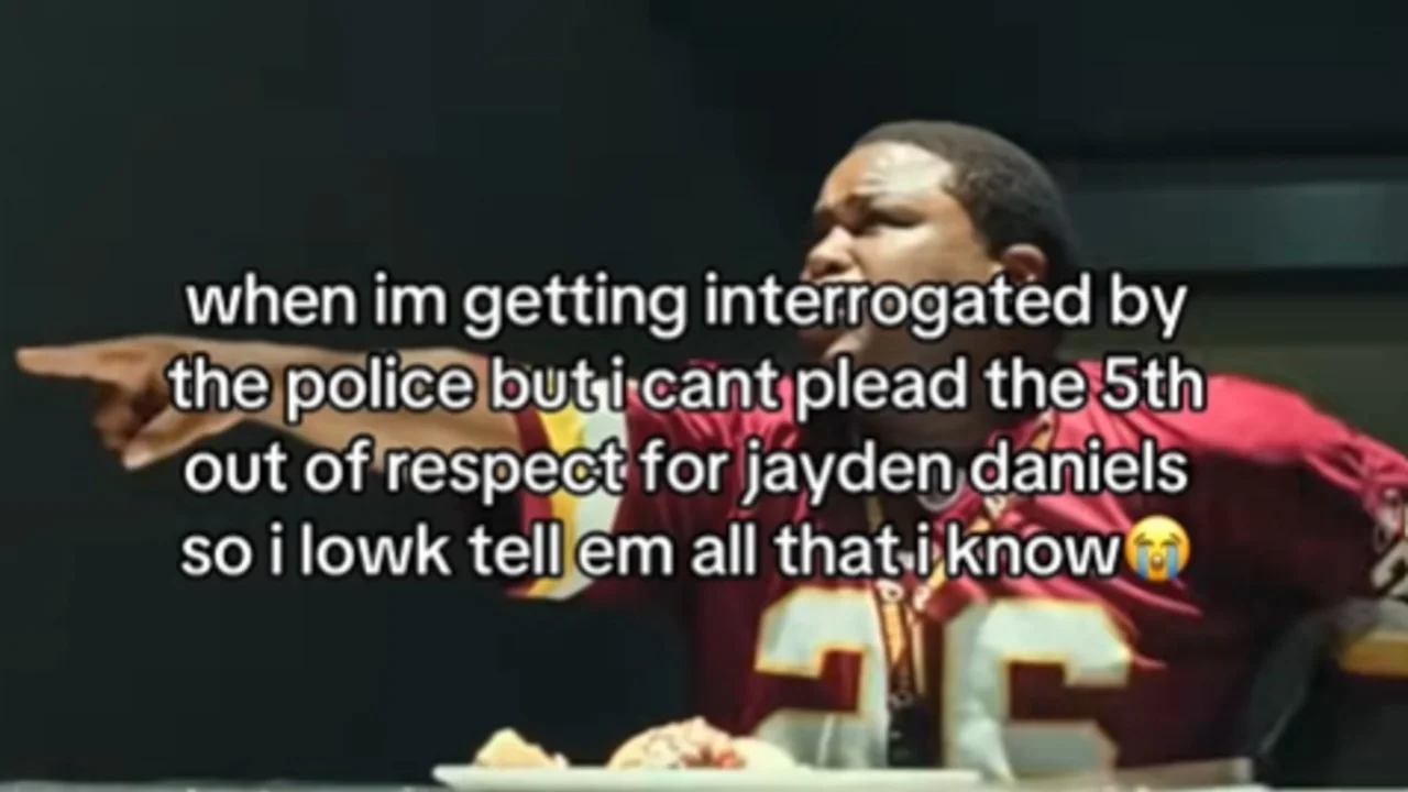 An early example of the 'out of respect for Jayden Daniels' format, joking that the poster can't plead the 5th during a police interrogation.