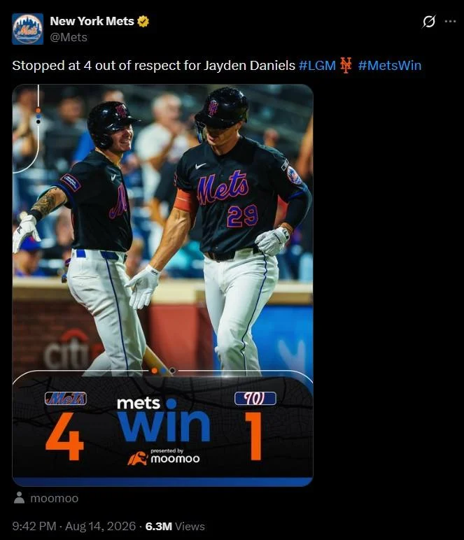 The New York Mets' official account joined the meme after a 4-1 win, joking they stopped scoring 'out of respect for Jayden Daniels.'