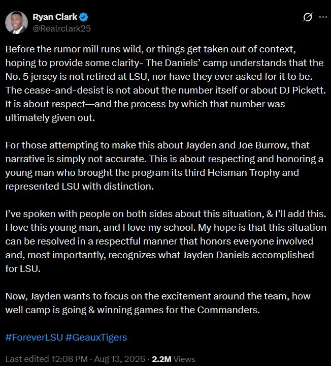 A full-size version of Ryan Clark's explanatory tweet about the LSU No. 5 jersey cease-and-desist that fueled the meme.