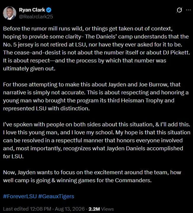 Ryan Clark's tweet providing context on the cease-and-desist over LSU's No. 5 jersey that sparked the 'out of respect for Jayden Daniels' meme trend.