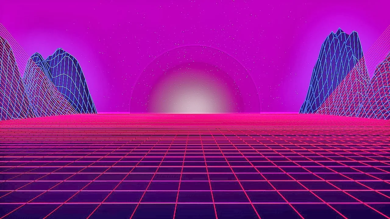 The quintessential outrun aesthetic: neon skies, wireframe terrain and an infinite retro grid horizon.