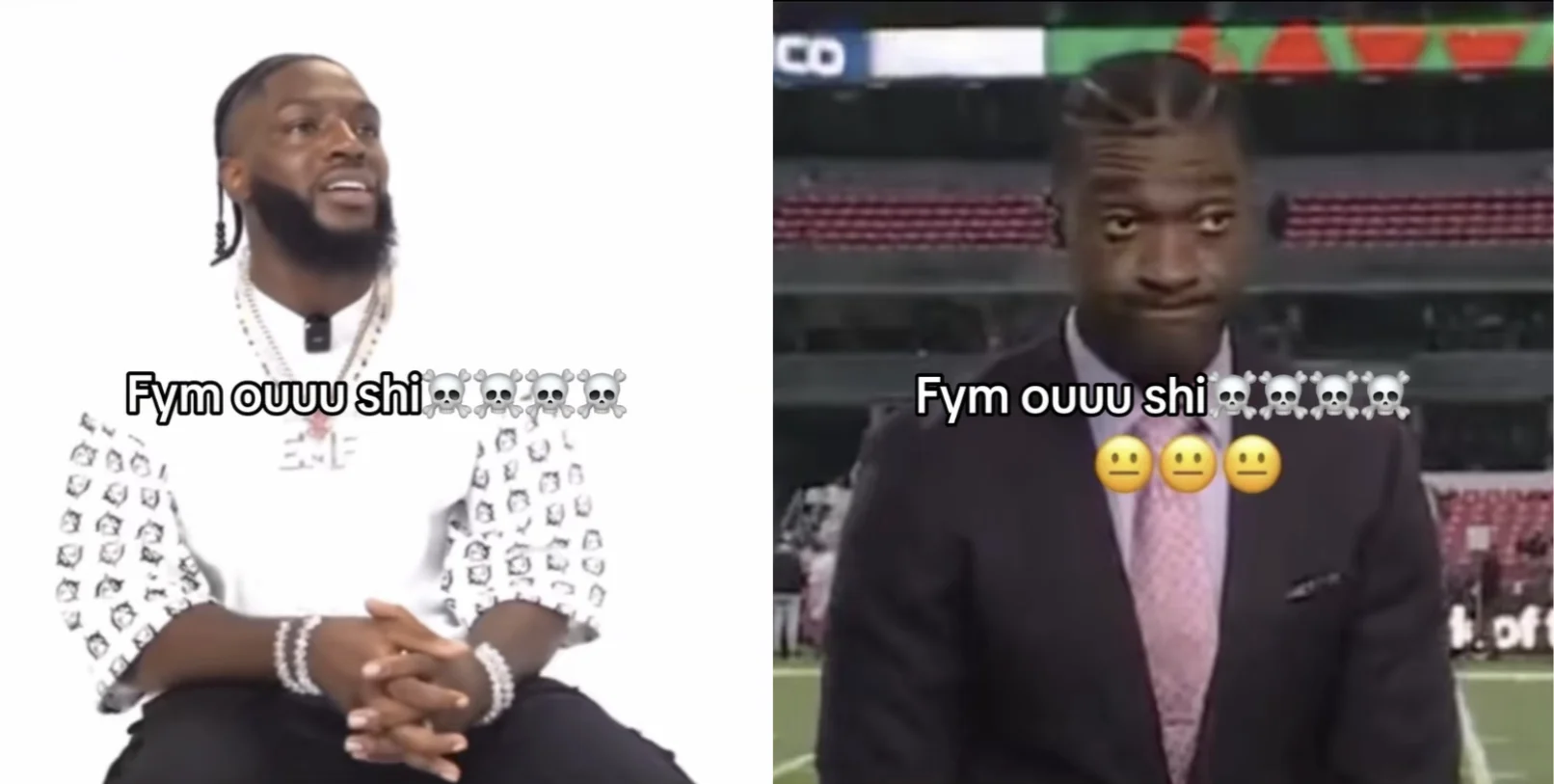 The 'Fym ouuu shi' side-by-side comparison image that helped popularize the meme, pairing two reaction shots with the catchphrase and grimacing emojis.