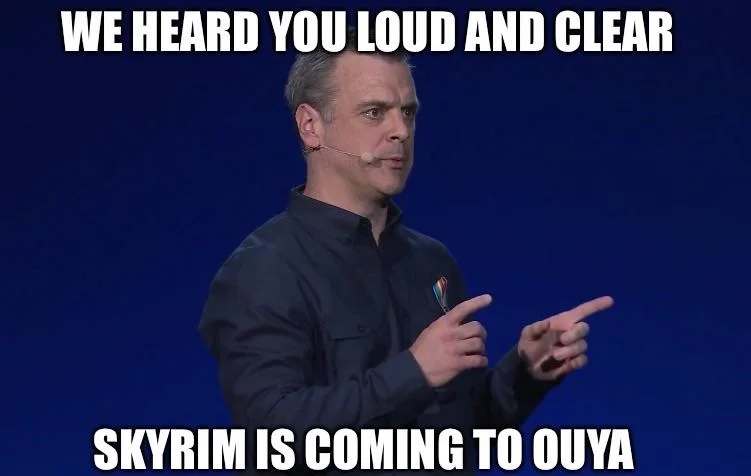 A meme depicting the burned-out Ouya console lamenting its failure, alluding to the platform's demise.