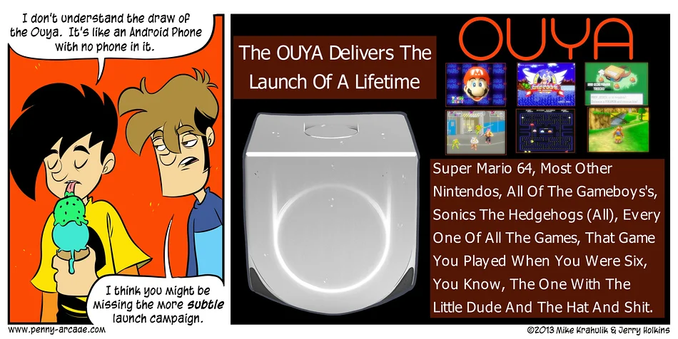 A joke image macro riffing on Todd Howard's habit of announcing Skyrim on every platform, this time applied to the Ouya.