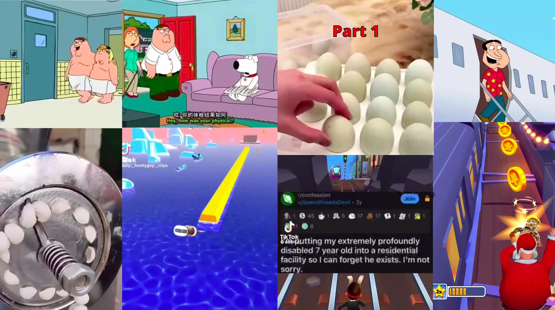 A composite of common sludge content clips, combining Family Guy episodes, mobile game footage, and TikTok Reddit narrations into simultaneous streams designed to hold viewer attention.