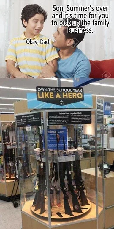 Dark humor through awkward juxtaposition.