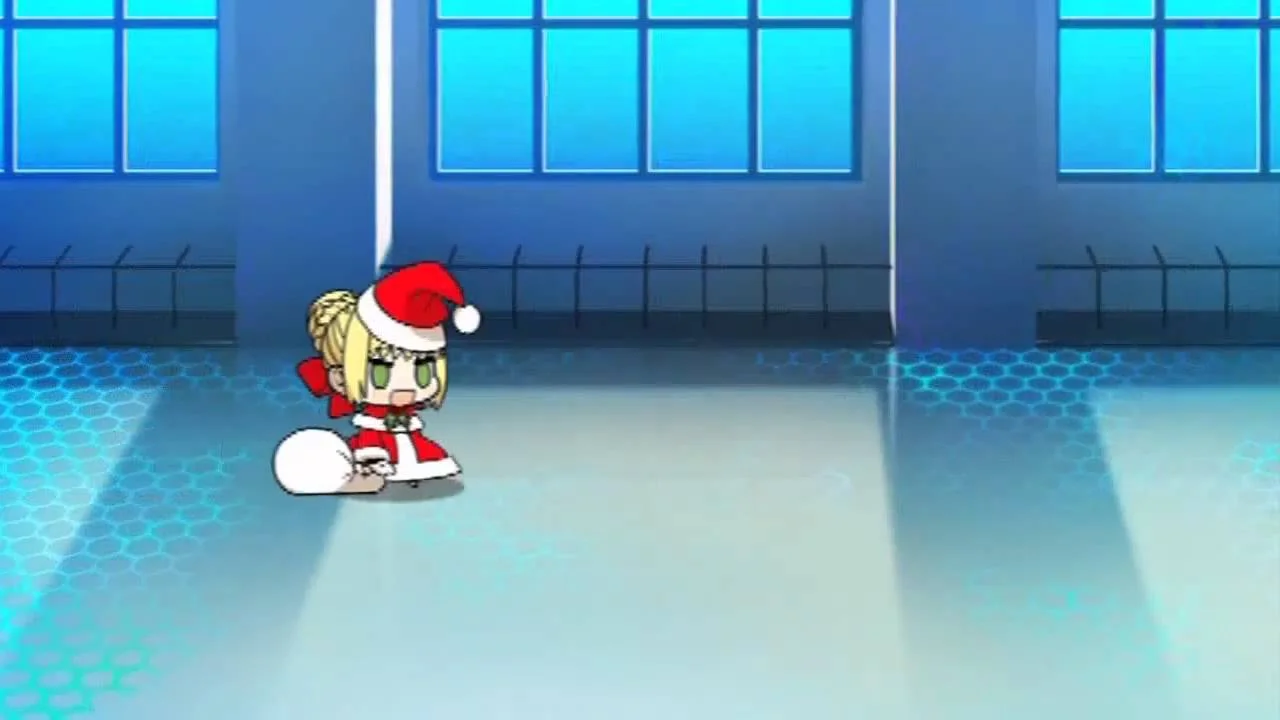 Screenshot from the original Carnival Phantasm 'Hashire Sori yo' short featuring chibi Nero Claus, the source of the Padoru meme.