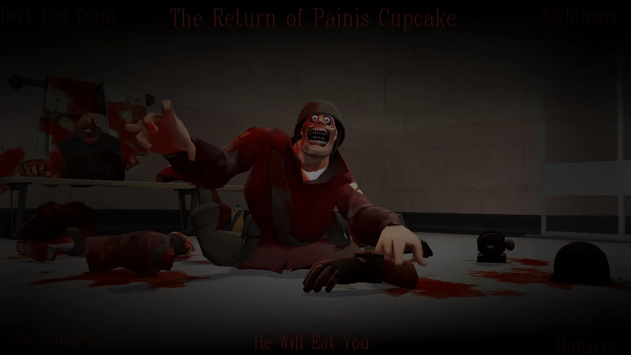 Title card from a Painis Cupcake sequel SFM short, showing the character crawling toward the viewer in a gore-strewn room.