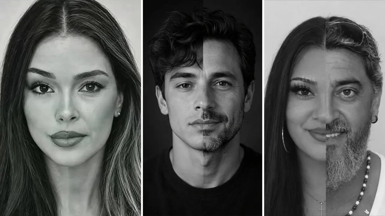 Banner collage featuring three examples of the Parent Split Face Family Resemblance trend, in which participants merge half of their face with a parent's.