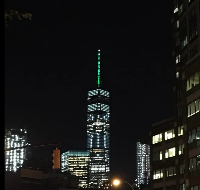 One World Trade Center's spire was lit green in solidarity with the Paris climate accord following the U.S. withdrawal announcement.