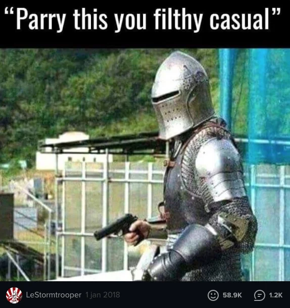 An early social media post from January 2018 featuring the classic 'Parry this you filthy casual' caption on the knight-with-pistol image.