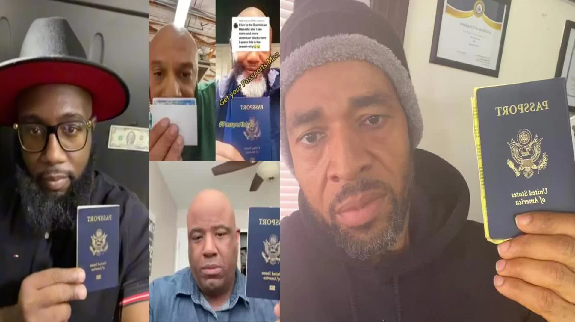 A collage of viral TikTok clips featuring self-described 'Passport Bros' displaying their U.S. passports.