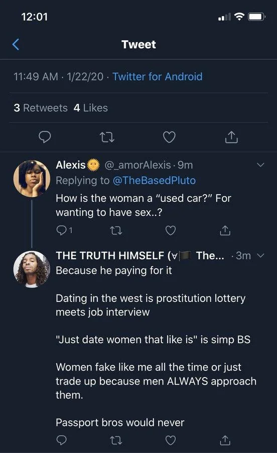 A follow-up reply in @TheBasedPluto's thread, credited as one of the earliest viral appearances of the phrase 'Passport bros.'
