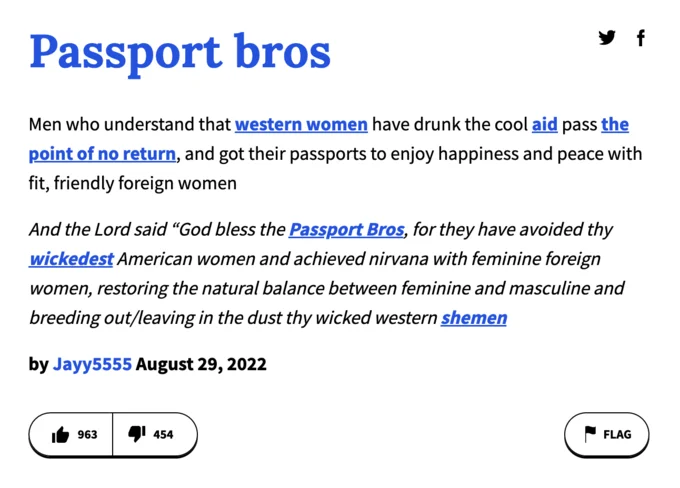 An Urban Dictionary entry by user Jayy5555 (August 29, 2022) defining the 'Passport Bros' subculture.