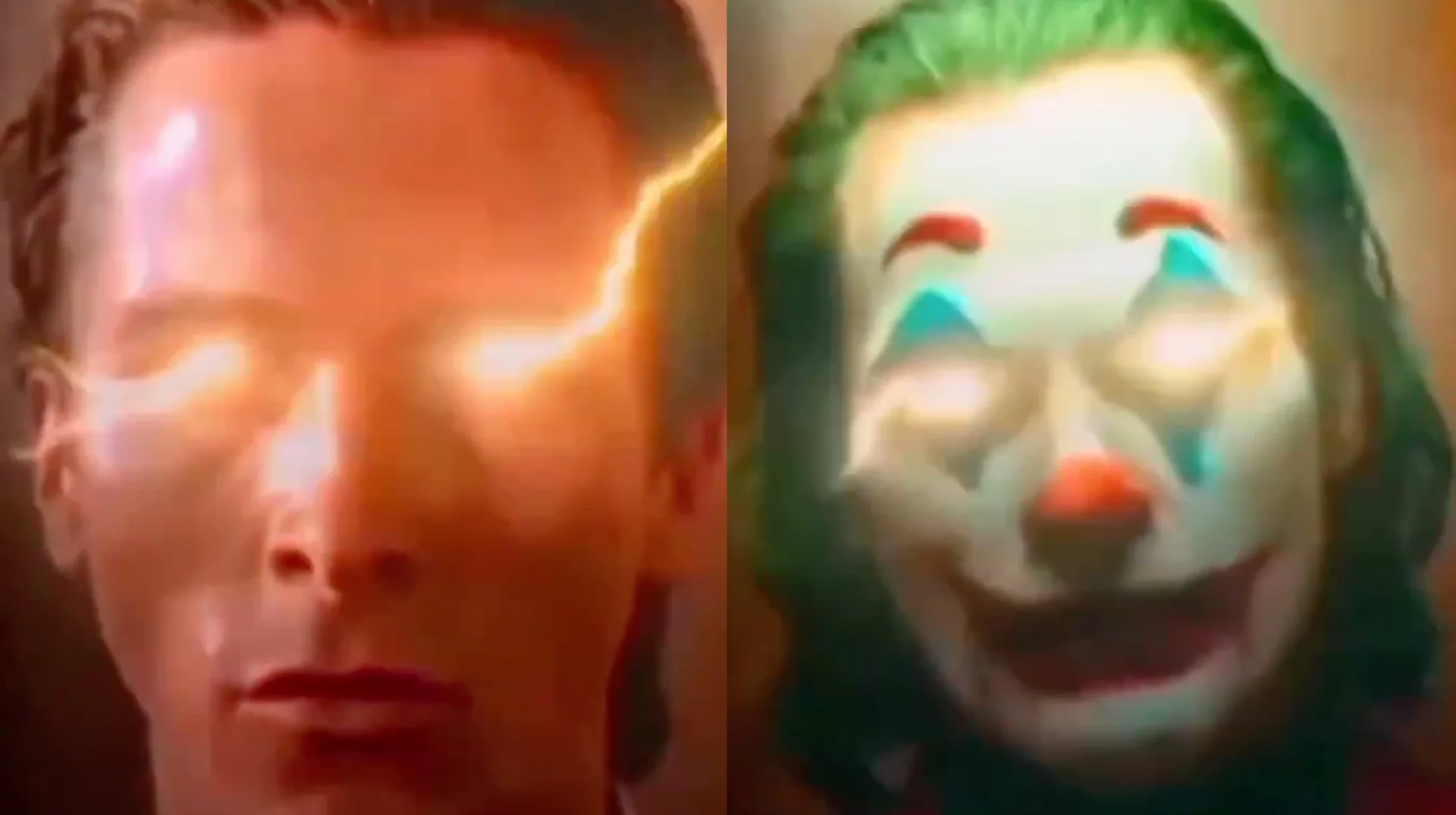 The iconic split-screen edit pairing Patrick Bateman with lightning-eye effects alongside Joaquin Phoenix's Joker, a defining visual of the viral meme.