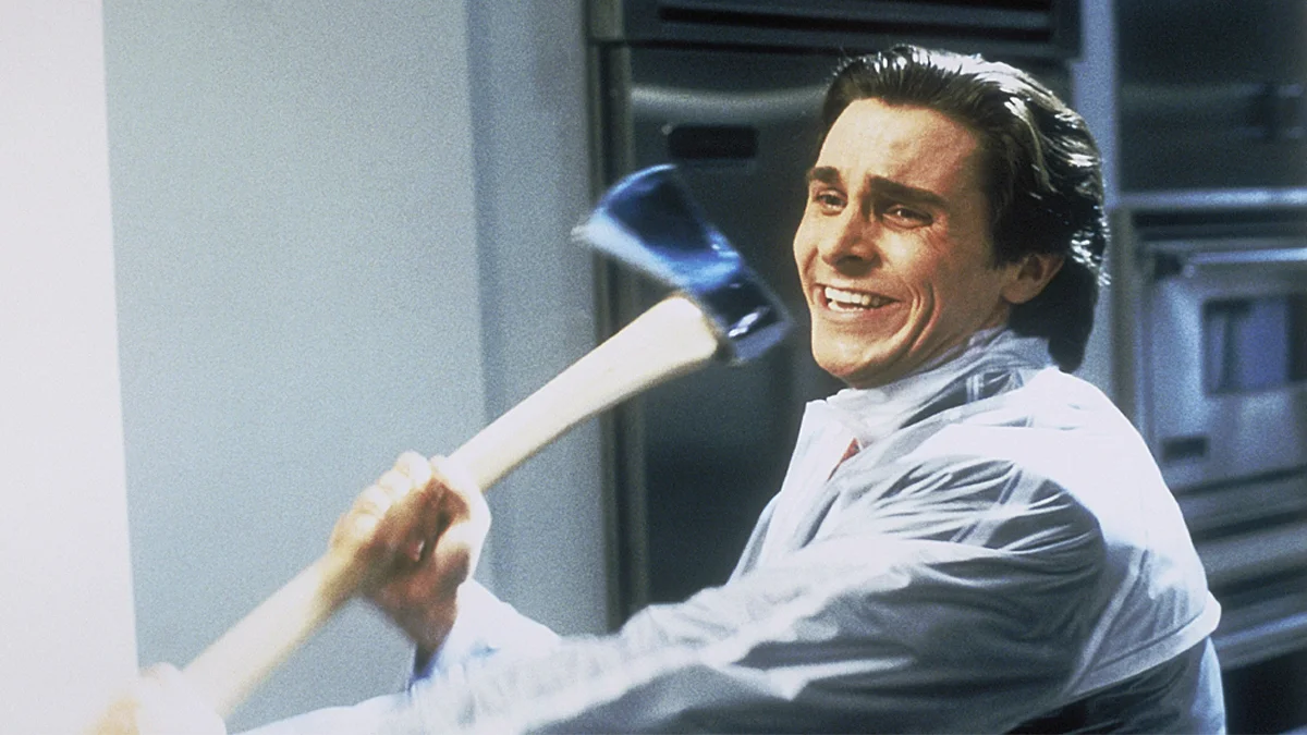 The original American Psycho scene of Patrick Bateman about to strike with an axe, the source image for the meme.