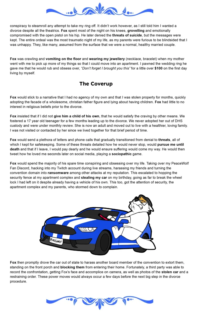 The 'Coverup' section of Peacewolf's exposé, including the illustration of the alleged car theft incident.