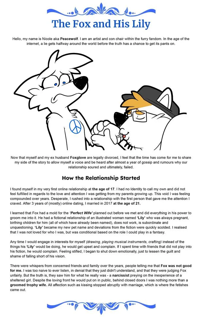 The opening section of Peacewolf's lengthy exposé detailing her relationship with Foxglove, which went viral in the furry community.