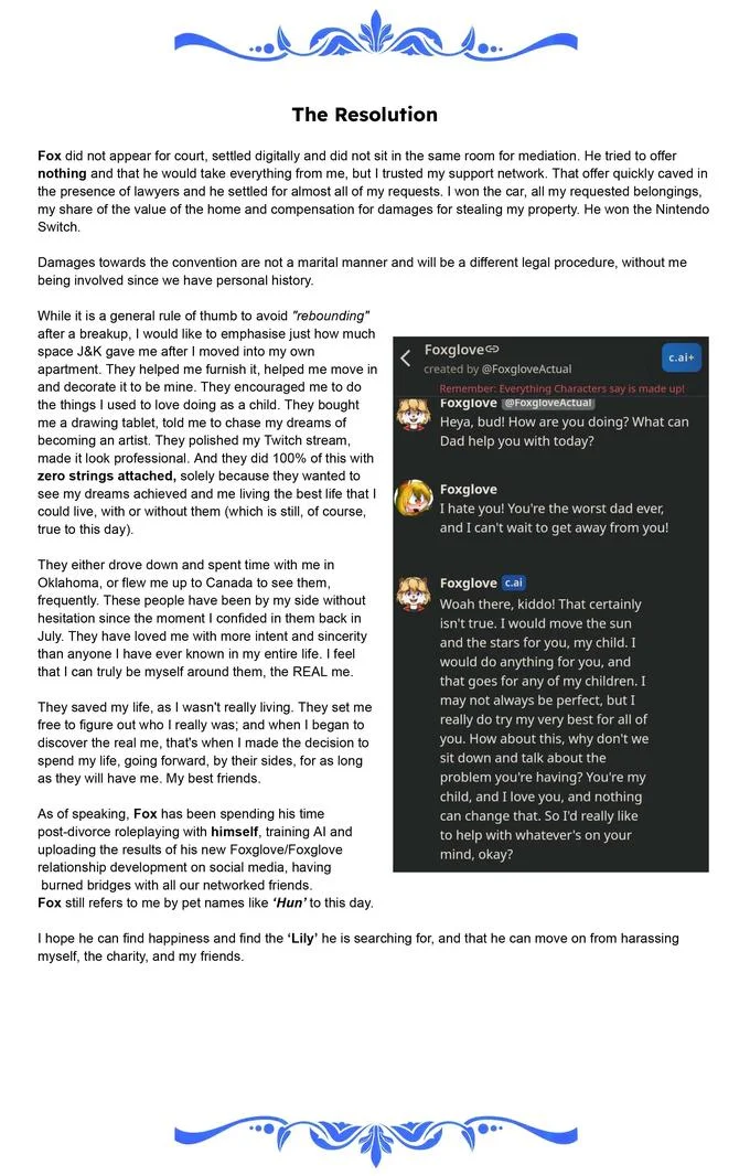 The 'Resolution' section concludes Peacewolf's post, including a screenshot of a Foxglove character.ai bot the ex-husband allegedly created.