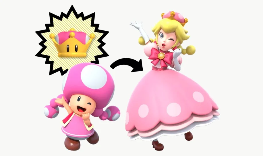 Nintendo's official reveal of the Super Crown power-up, which transforms Toadette into the Peach-like Peachette.