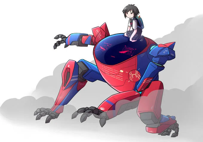 Fan illustration of Peni Parker riding atop her SP//dr mech suit.