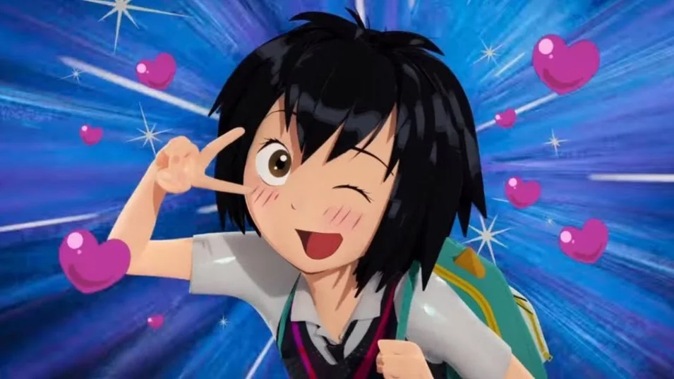 Peni Parker's cheerful anime-style introduction shot from Spider-Man: Into the Spider-Verse (2018).