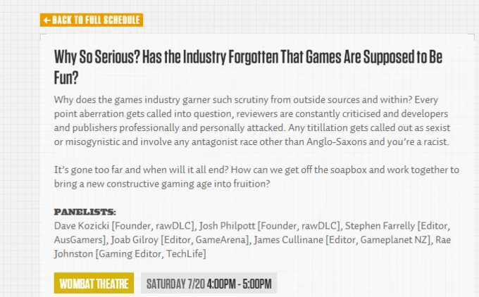 A screenshot of the original PAX Australia panel description that sparked online backlash for its dismissive framing of criticisms about sexism and racism in games.