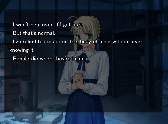 Screenshot from the Fate/stay night visual novel showing the original context of Shirou's tautological line, delivered here through Saber's internal reflection.