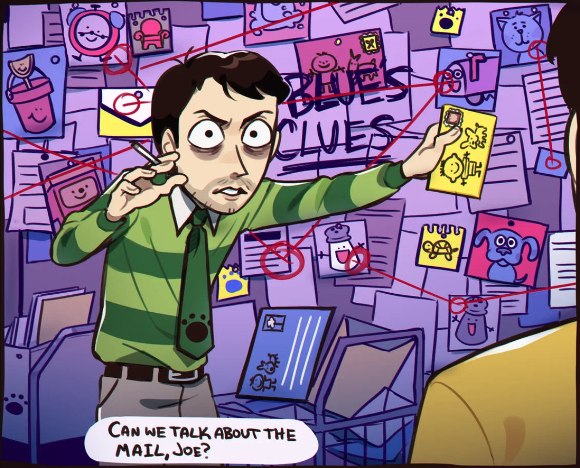 A fan-made crossover combining Blue's Clues host Steve with the Pepe Silvia meme, referencing the show's mail segment.