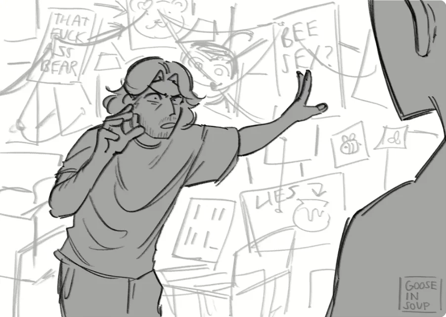 Fan art reinterpretation of the iconic Pepe Silvia conspiracy board scene.