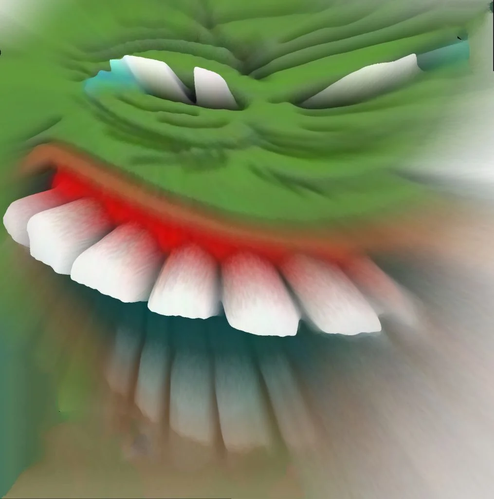 A cursed hyper-realistic 3D rendering of the PepeLaugh emote.