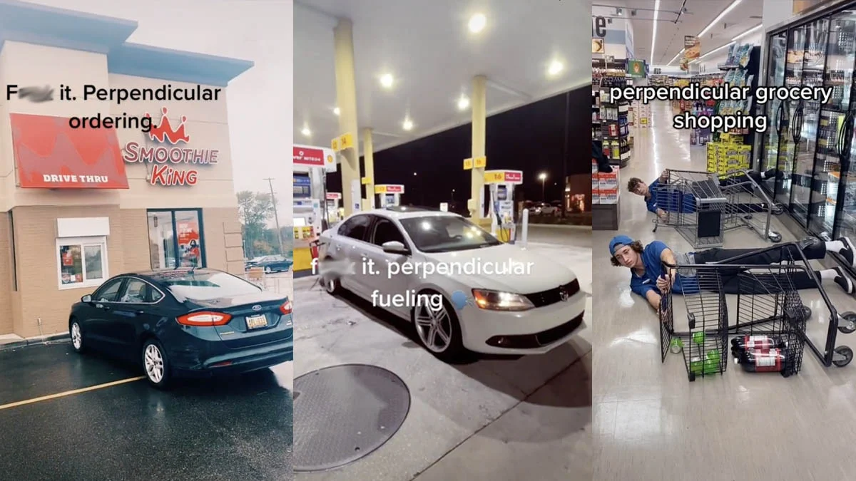 Header image for the Perpendicular Fueling meme, showcasing the trend of mundane activities performed sideways or perpendicular to their intended orientation.