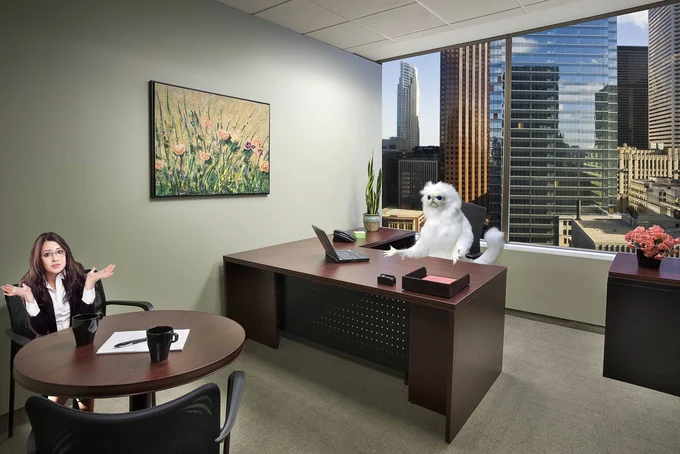 A photoshopped Persian Cat Room Guardian meme placing the sculpture in an office confrontation scene.